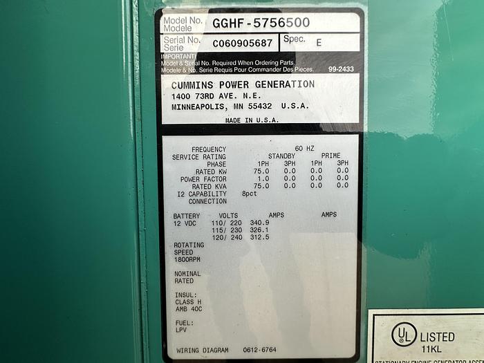 Used Used Cummins GGHF Natural Gas / Propane Generator, 418 Hrs Single Phase, 75 KW