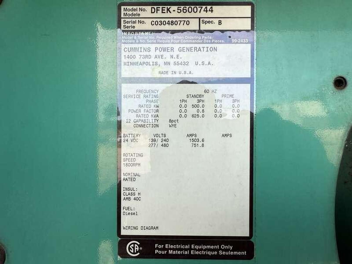 Used Cummins DFEK QSX15-G9 Diesel Generator, 887 Hrs500 kW