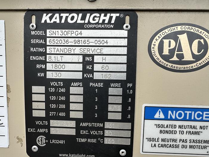 Used Used Katolight SN130FPG4 Natural Gas / Propane Generator, 695 Hrs, 130 KW