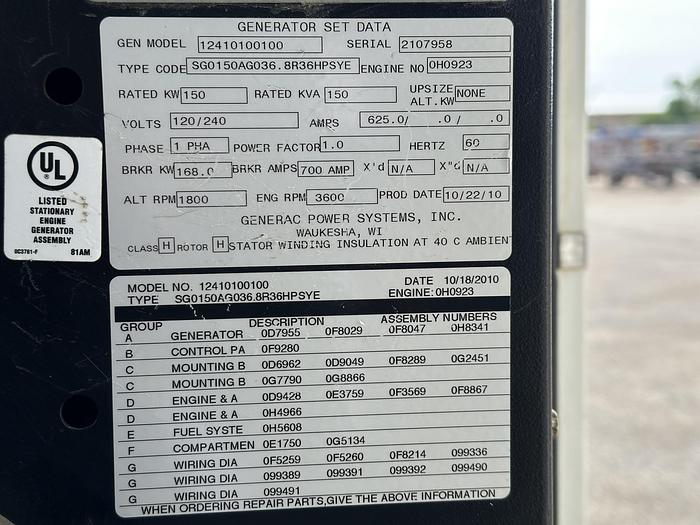 Used Used Generac SG0150 Natural Gas / Propane Generator 378 Hrs Single Phase, 150 KW