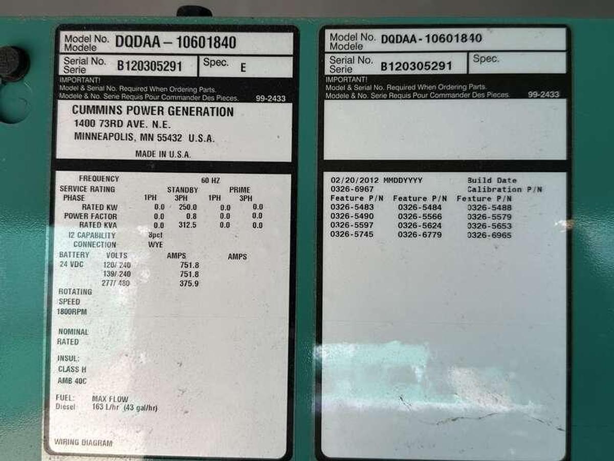 Used Used Cummins DQDAA QSL9-G7 Diesel Generator, 434 Hrs, EPA Tier 3 250 kW