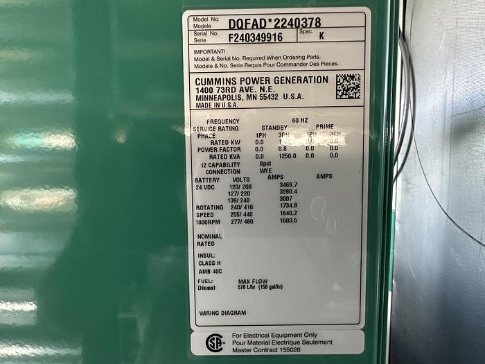 New Cummins DQFAD QST30-G5 NR2 Diesel Generator, EPA Tier 2, 1000 KW