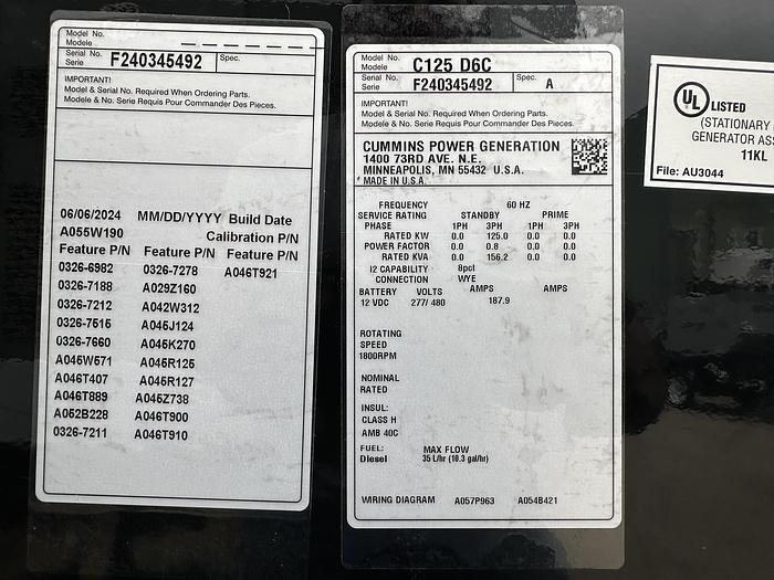 New Cummins C125D6C QSB5-G6 NR3 Diesel Generator, 0 Hrs, EPA Tier 3, 125 KW