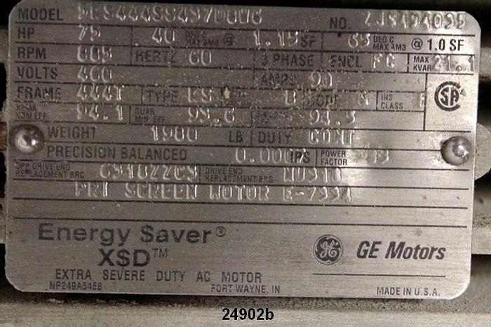 Used General Electric 5KS444SS437D8W6 Ac Motor, 75Hp, 885Rpm, 460V, Fr 444T, Energy Saver, Vertical Mount #24902