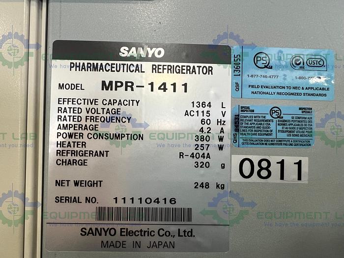 Used Sanyo  MPR-1411 Pharmaceutical Two Door Refrigerator 2°C , 49 Cu. Ft.