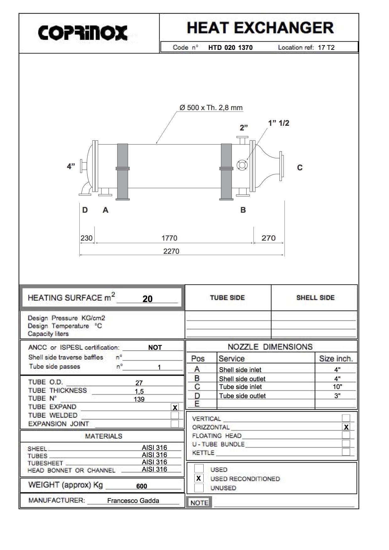 Usato Scambiatore di calore Francesco Gadda da 20 metri quadrati