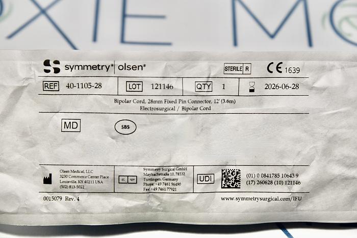 Used SYMMETRY OLSEN 40-1105-28 Bipolar Cord 12 ft. (3.6M), Single-Use, 28mm Fixed Pin (Unitized) Generator Plug, Sterile