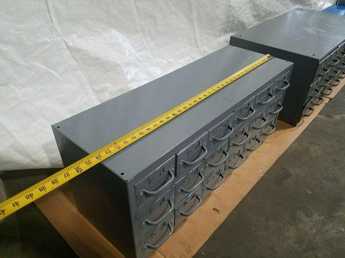 Used Industrial Metal 18 Drawer Tabletop Storage Cabinet for bolts screws tools etc.