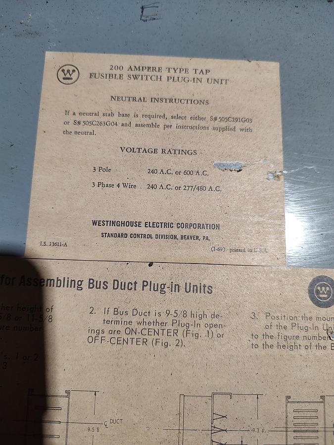 Used WESTINGHOUSE TAP-324 200A 240VAC 3PH FUSIBLE BUS PLUG DUCT SWITCH