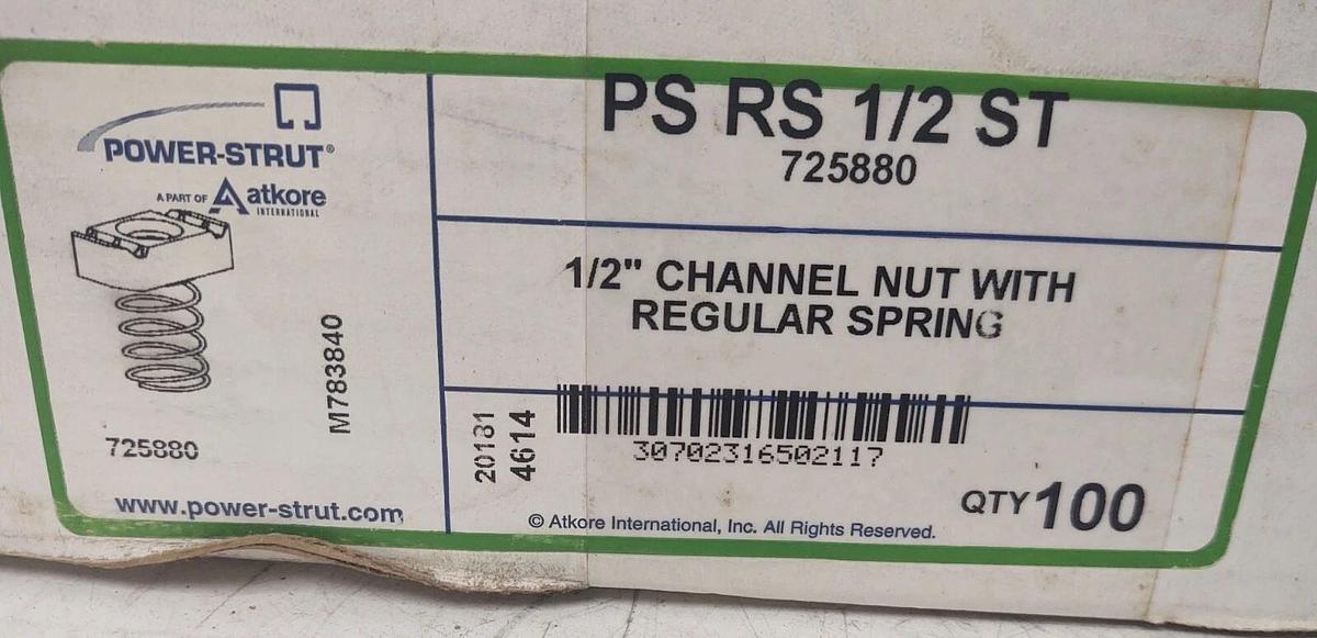 🔥 Power-Strut 72588o PS RS 1/2 ST Channel Nut Regular Spring Box of 100 Atkore