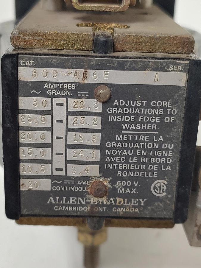 Used Allen Bradley Instantaneous Trip Relay 20 Amp Coil 809-A08E Series A