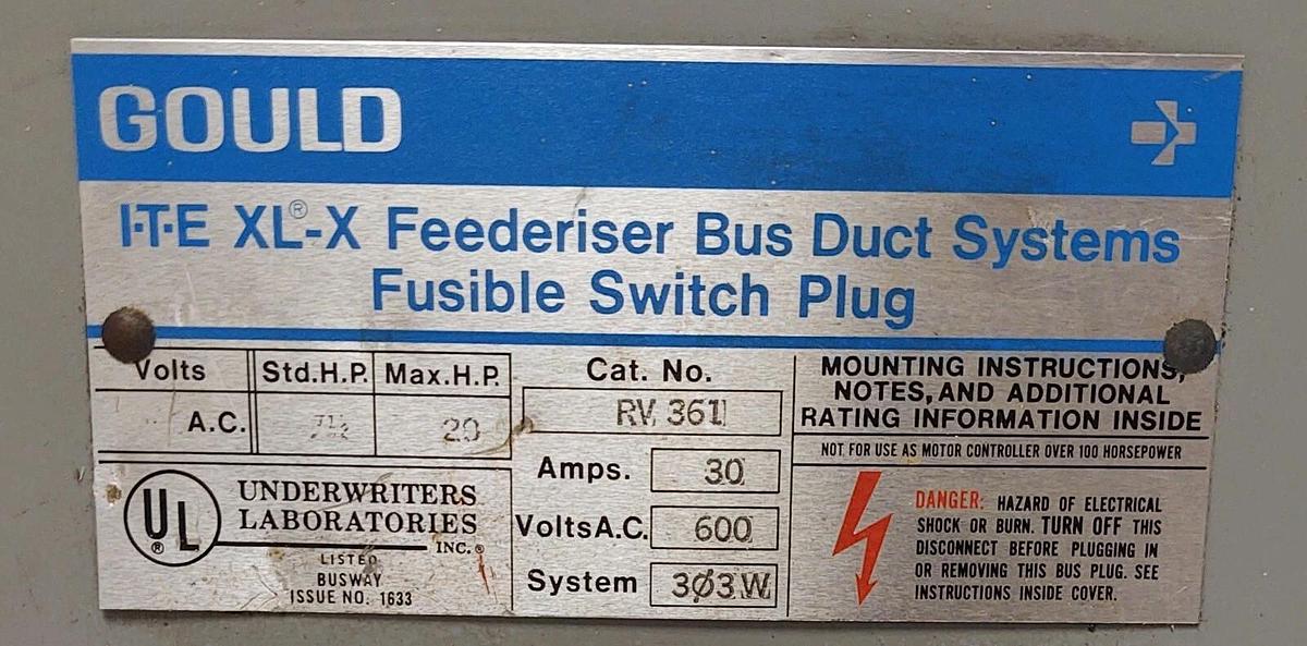 Used GOULD / SIEMENS ITE BUS PLUG RV361 Flex-A-Plug 30A 600V 3W 3PH FUSIBLE