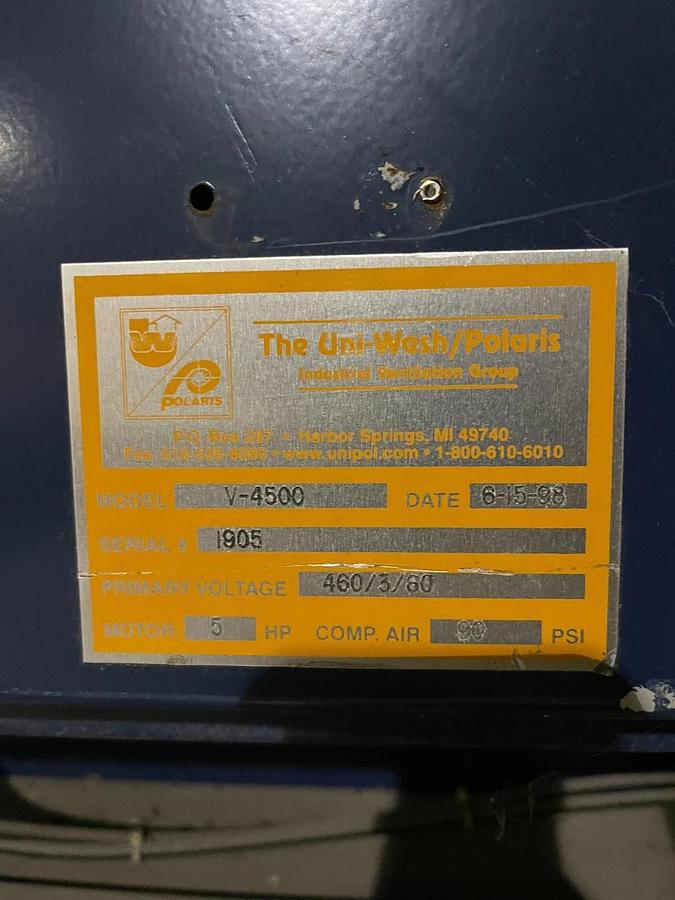 Used Uni-wash/Polaris V-4500 Downdraft Bench 5 hp 32"X60" Work Area Hepa Filters