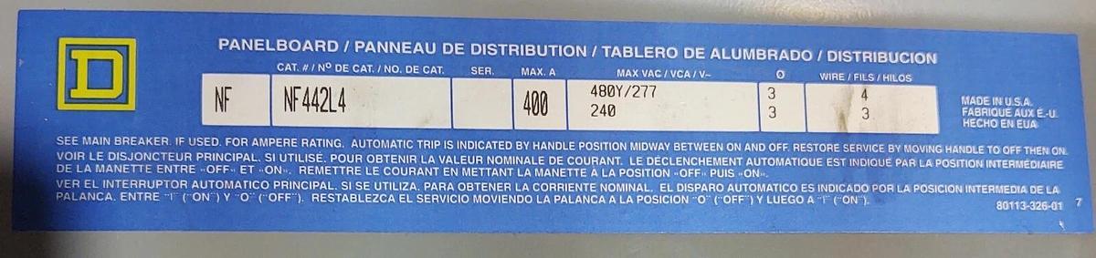 Used Square D Complete Breaker Panel, NF442L4 PANELBOARD ,MH56  NC56VS 400 AMP W/ KEY