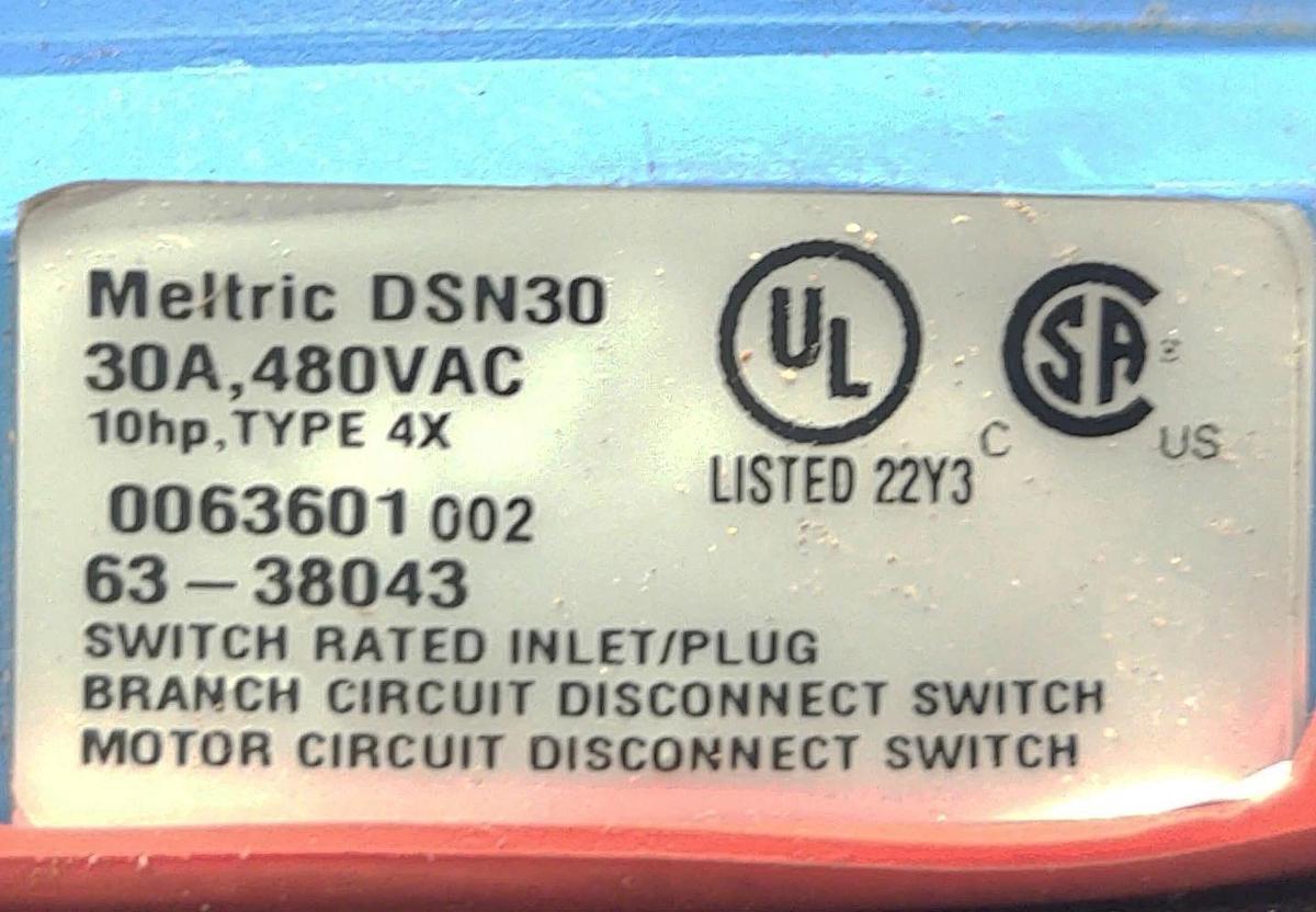 Used 🔥Meltric 63-38043 DSN Male Inlet Plug 30A 480V 3PH 3-Pole 4-Pin Type 4X