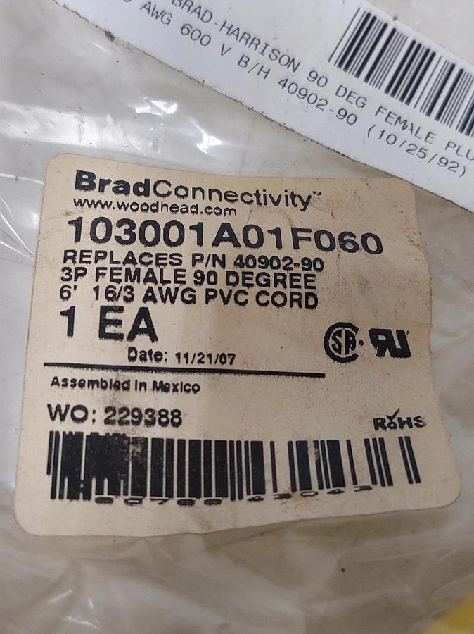 🔥New Woodhead 103001A01F060 Cord Cable 3 Wire Yellow 16/3 6ft 40902-90