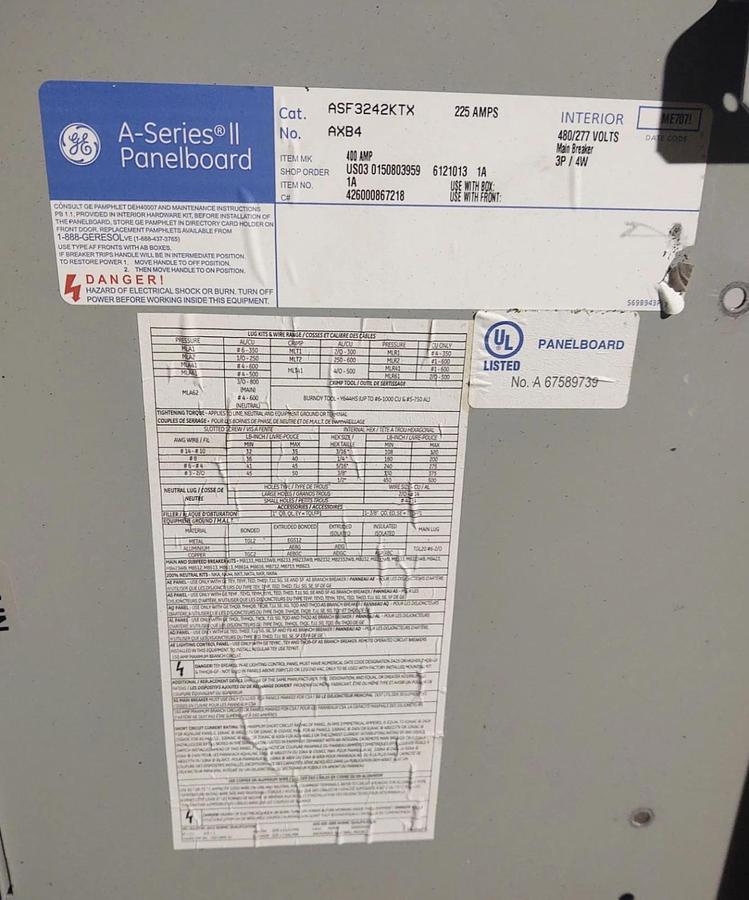Used 🔥GE ASF3242KTX 225 Amp 480Y/277V 3 Phase 3R Outdoor Panelboard W/ BREAKERS