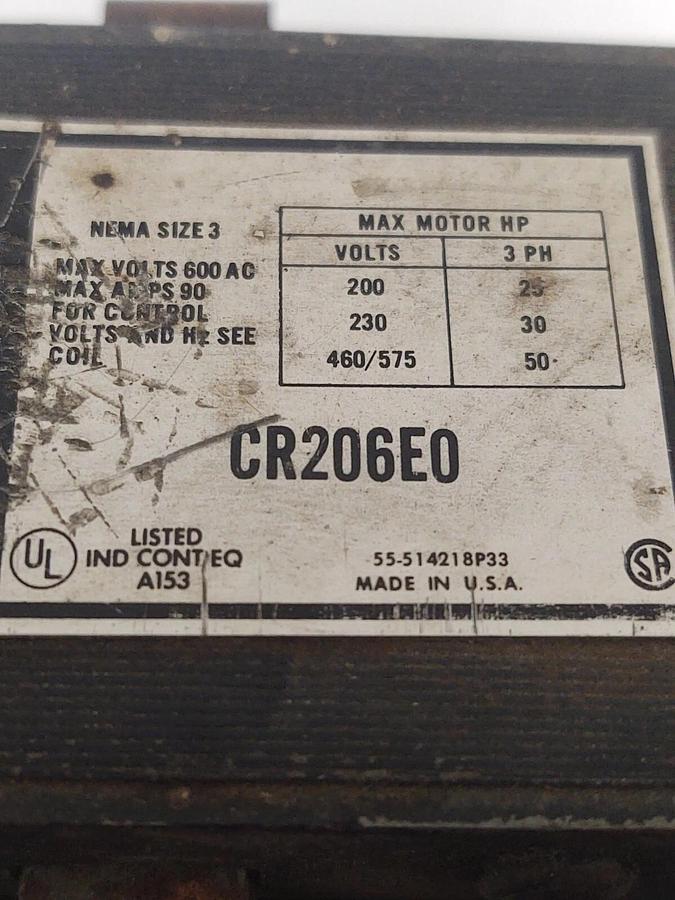 Used 🔥 TESTED General Electric Contactor NEMA Size #3 CR206E0 50HP Motor 120VAC Coil