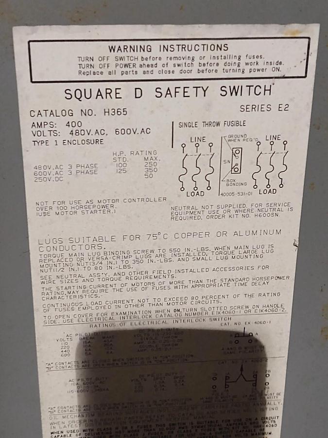 Used Square D H365, Series E, 400 Amp, 600 Volt, 3P4W, Fusible Disconnect