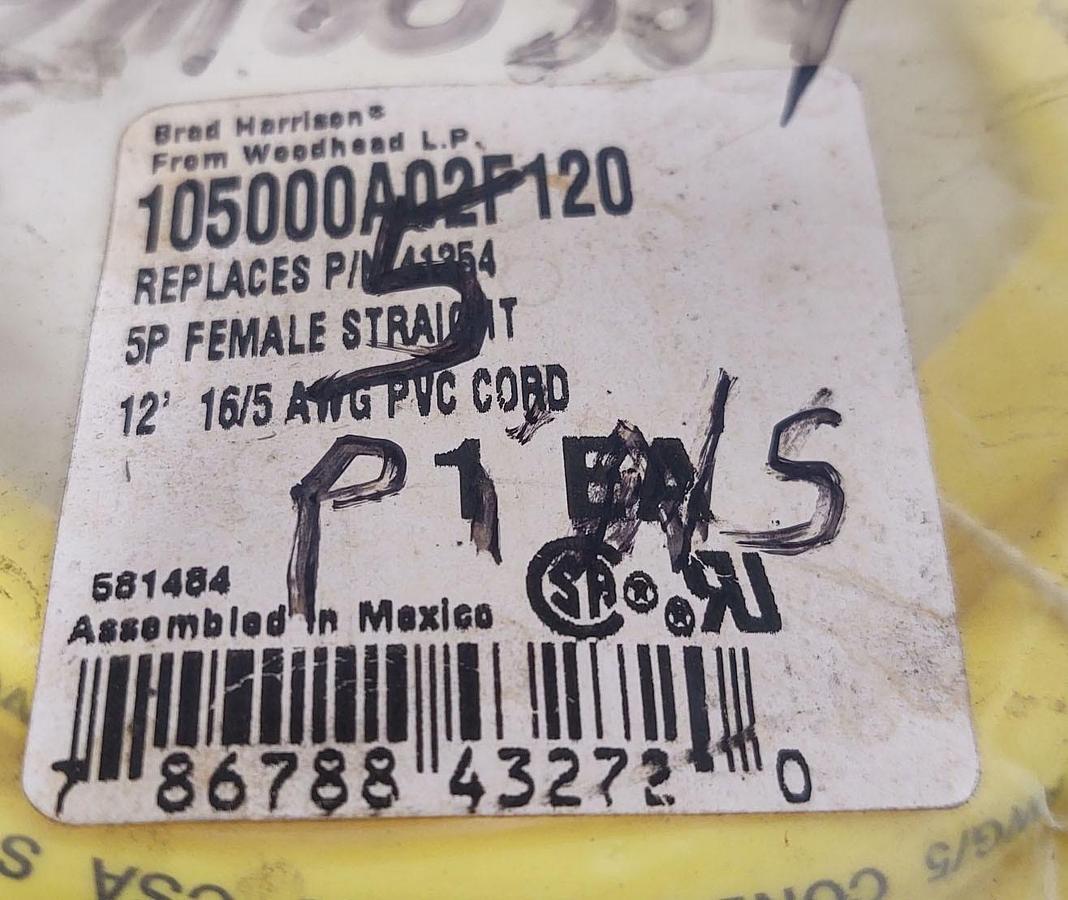 🔥New Woodhead 105000A02F120 Cord Cable 5 Wire Yellow 16/5 12ft 41354