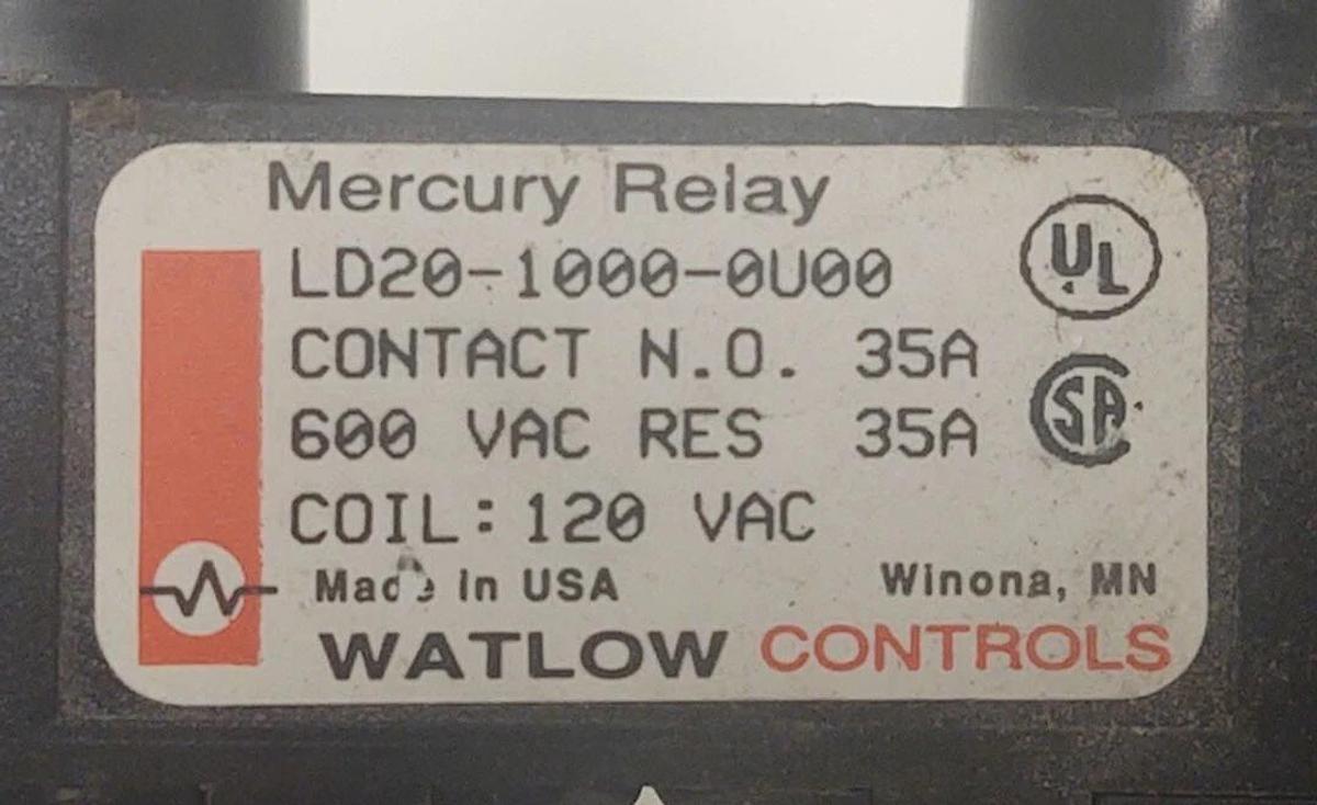 Used 🔥Watlow Controls, LD20-1000-0U00 Mercury Relay 120V Coil