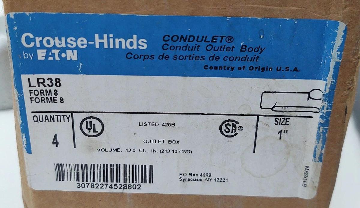 🔥 4 NIB Eaton Crouse-Hinds LR38, 90° 1" inch Rigid Conduit Outlet Body Form 8