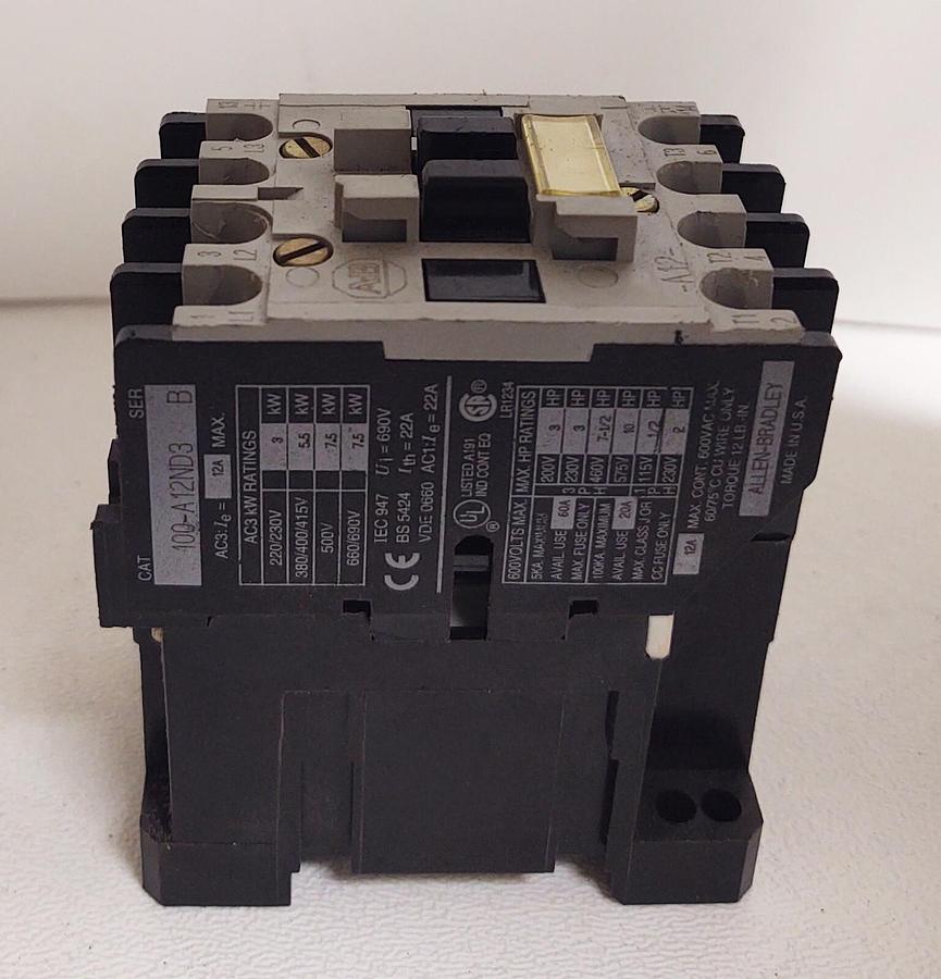 Used ALLEN BRADLEY 100-A12ND3 SER B CONTACTOR 120V COIL 12 AMP 600V