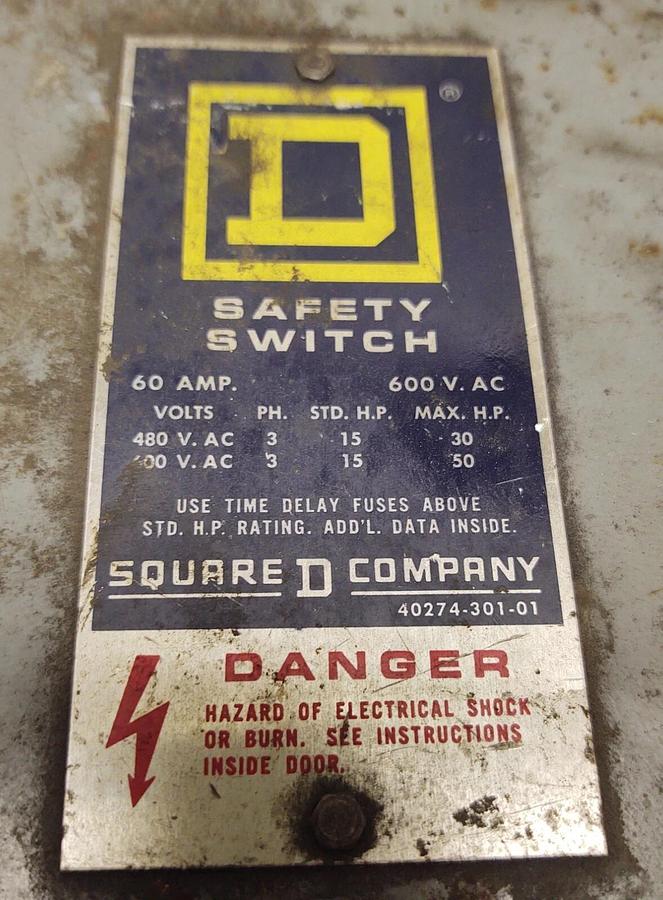 Used Square D H362 60 Amp 600 VAC 3 Phase 3P Fusible Disconnect Switch W/Fuses