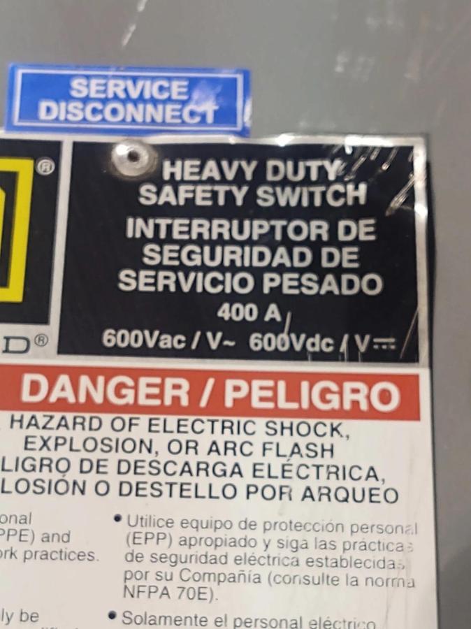 Used 🔥Square D H365 Heavy Duty Safety Switch 400 Amp 600 Vac with Fuses