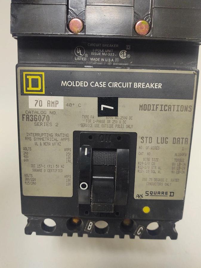 Used 🔥Square D FA36070 3 Pole 70 Amp 600 Vac I-Line Circuit Breaker