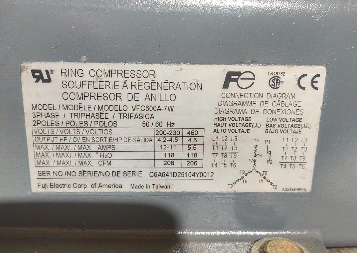 Used 🔥Motan Fuji Electric Ring Compressor - VFC600A-7W Regenerative Vacuum Blower