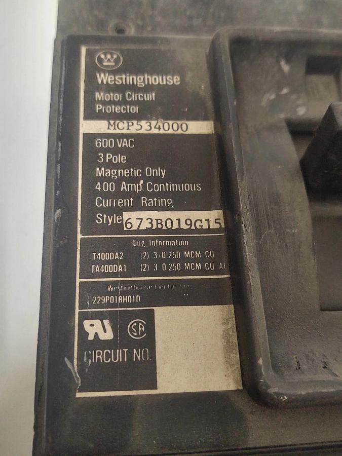 Used 🔥WESTINGHOUSE MCP534000 400A CIRCUIT BREAKER 600VAC 3-POLE MOTOR STARTER