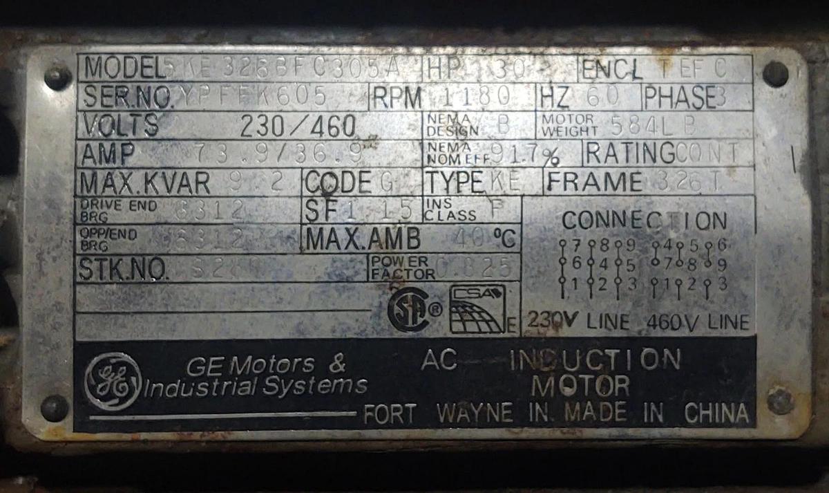 🔥NEW - 30HP 1180RPM - GENERAL ELECTRIC 5KE326BFC305A - 30 HP 230/460 Type KE