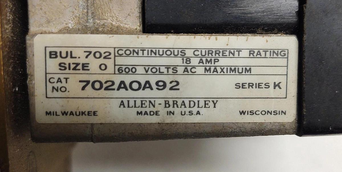 Used Allen-Bradley 702AOA92  70A83 Size 0 Motor Lighting Contactor 18A 240 Volt Coil