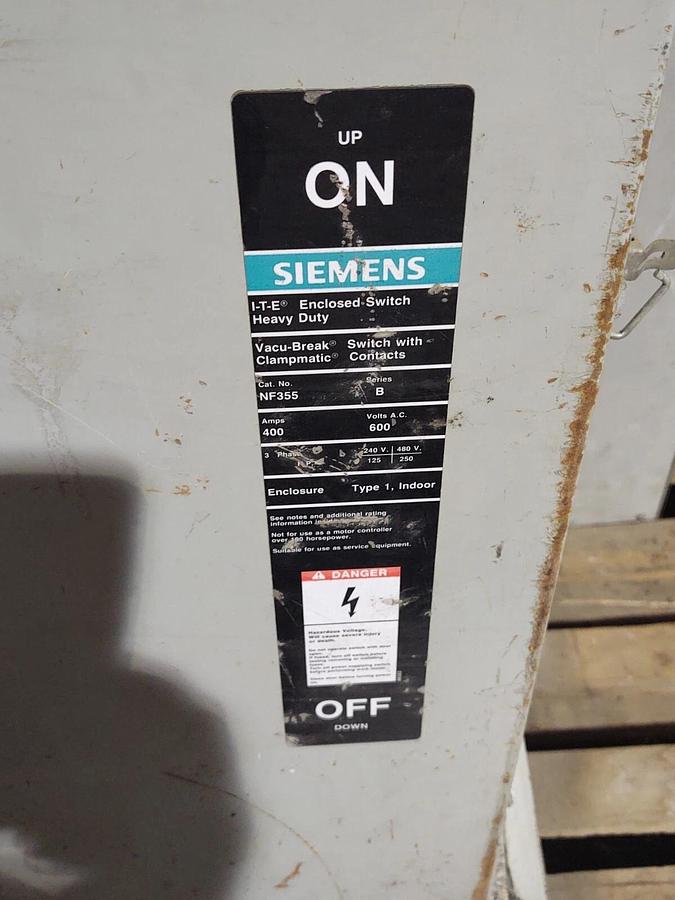 Used Siemens Non-Fusible Safety Switch NF355 400A 600V 3Ph Type 1 Enclosure Used