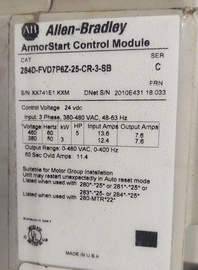 Used 🔥Allen Bradley 284D-FVD7P6Z-25-CR-3-SB, 5HP 460VAC 280D-FN-25-C   GUARANTEED