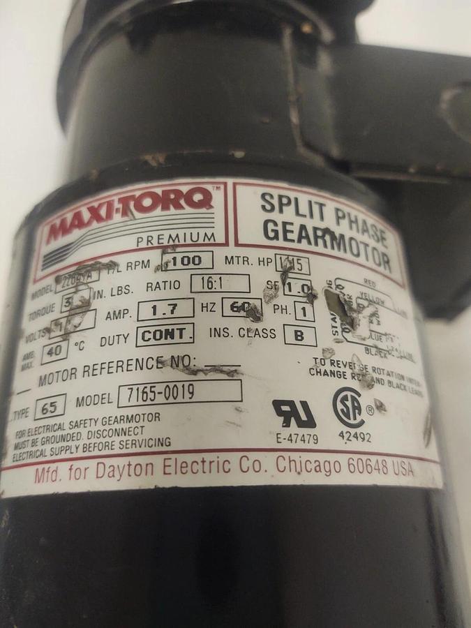 Used 🔥 MAXI-TORQ 115V Split Phase Gearmotor 16:1 Ratio 1/15HP Model 7165-0019