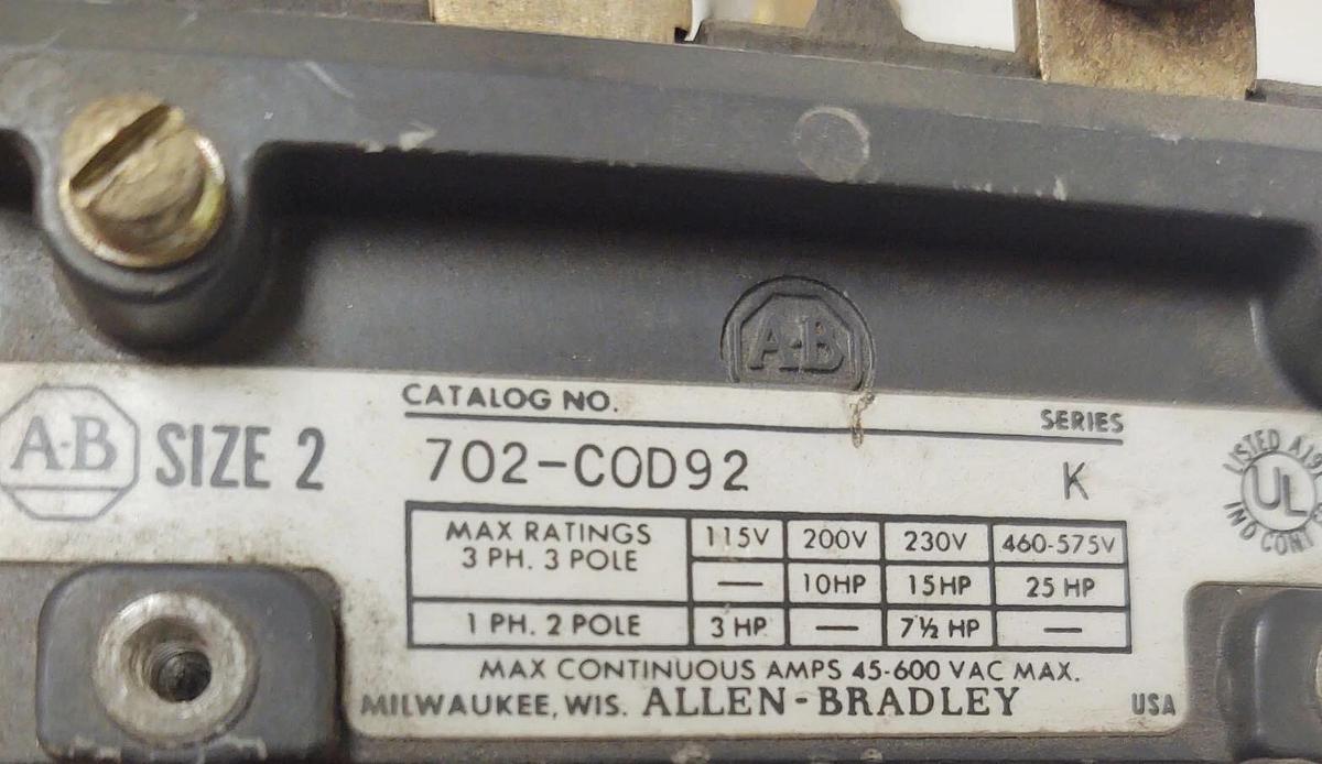 Used 🔥 (TESTED) Allen Bradley 702-COD92 Size 2 Contactor Starter 120V 60Hz Coil