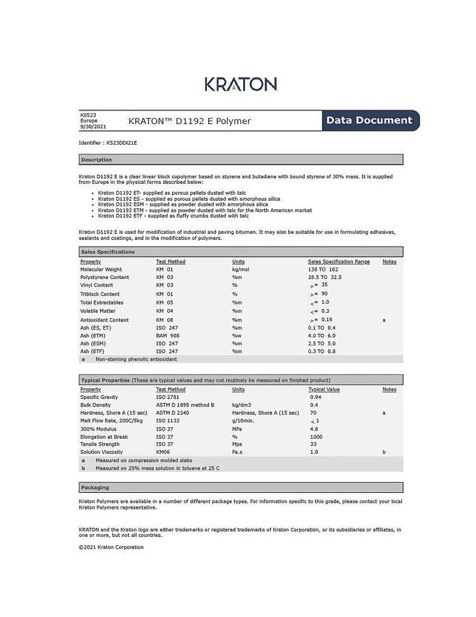 Kraton D1192 ETM Additive Modifier SBS 1 Pallet 1,800 lbs