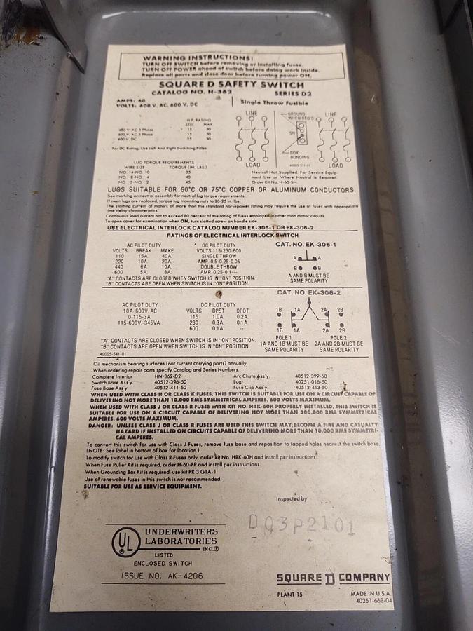 Used Square D H362 60 Amp 600 VAC 3 Phase 3P Fusible Disconnect Switch W/Fuses