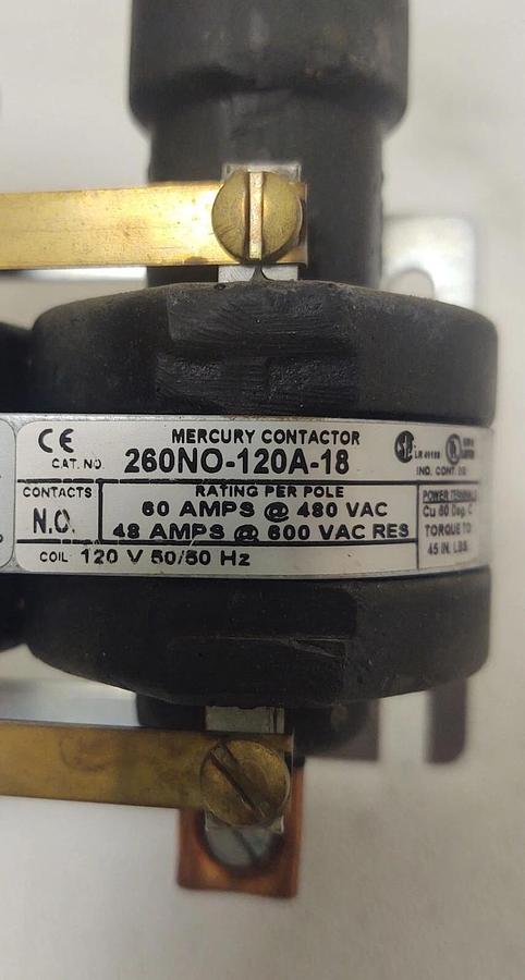 Used 🔥 MERCURY CONTACTOR 260NO-120A-18 48-60AMPS 480-600VAC 120V 50/60HZ 2Pole