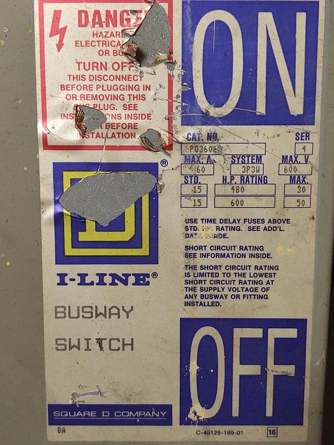 Used Square D PQ3606G 60A 600V I-Line Fusible Switch Bus Plug With Fuses PQ-3606G