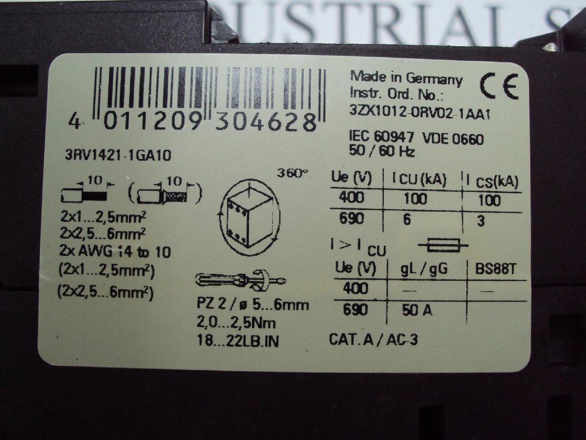Used Siemens Contactor Overload Relay 3RV1421-1GA10 Controller 3ZX1012-0RV02-1AA1