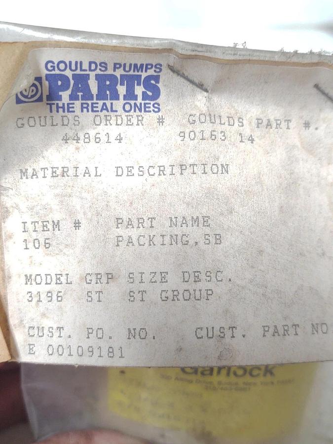🔥 Goulds Pump Packing SB Seal #106 P/N 9016314 Garlock 3/8x2x5/16
