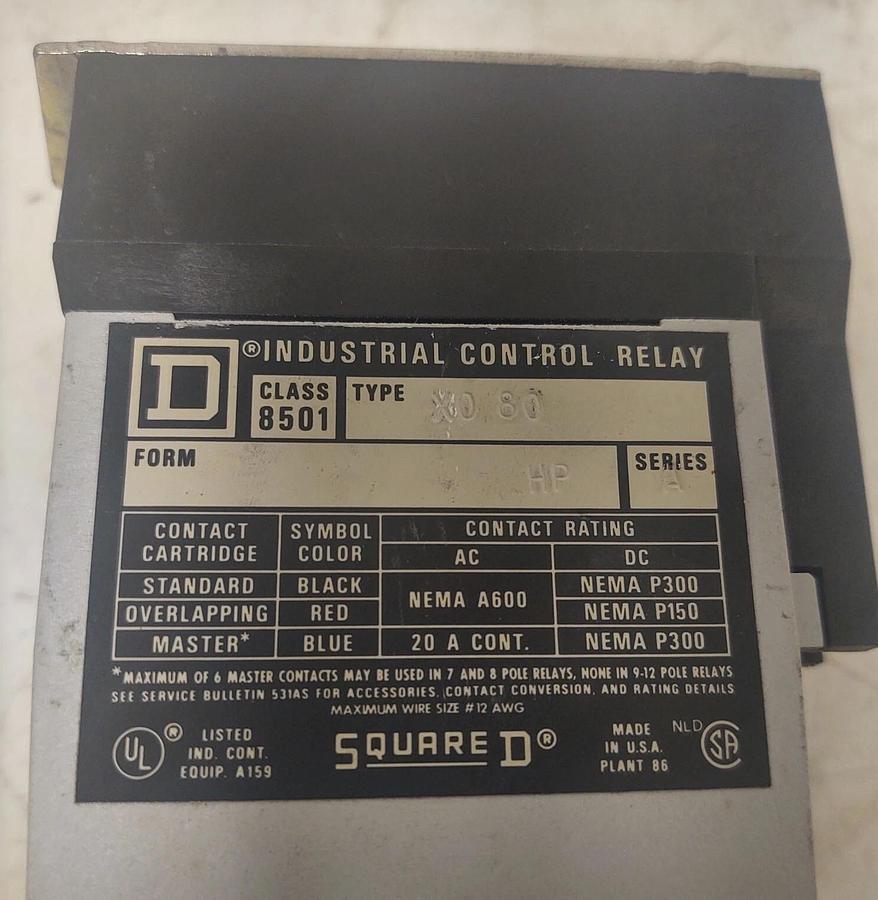 Used 🔥(2 PCS Lot) Square D Class 8501 Control Relay, Form HP Series A, 24V Coil