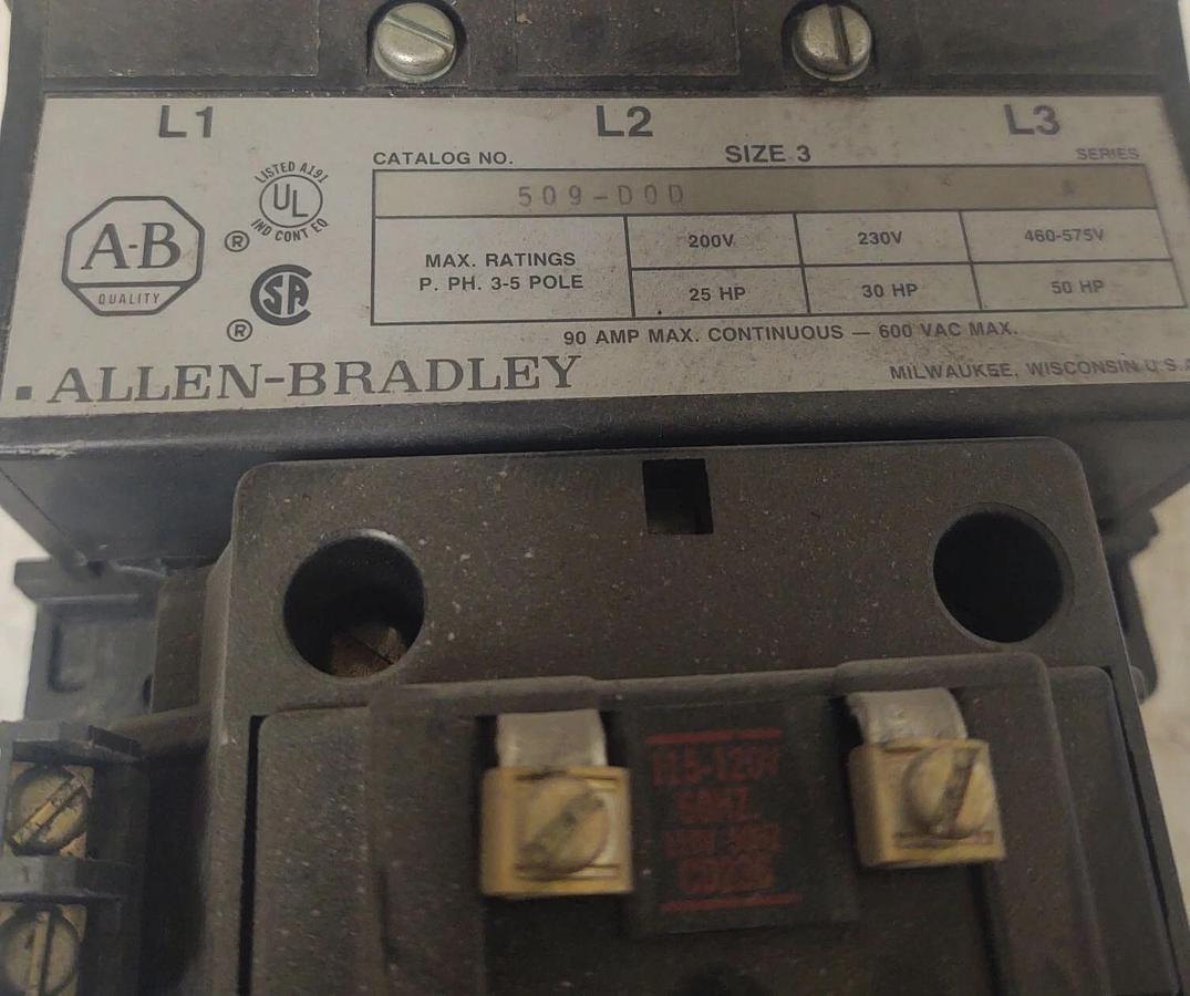 Used 🔥(TESTED) ALLEN-BRADLEY 509-DOD SIZE 3 MOTOR STARTER CONTACTOR 90A 600VAC