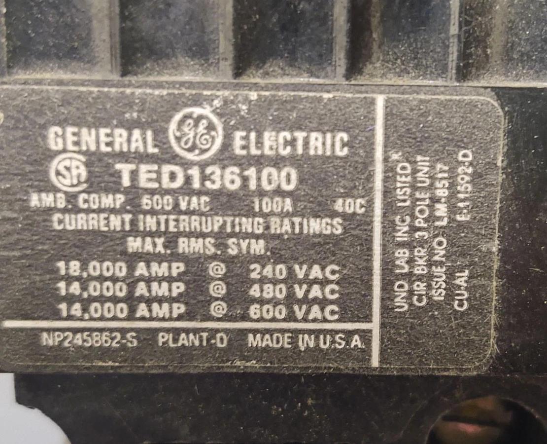 Used 🔥GE TED136100 100 Amp 600 Volt 3 Pole Circuit Breaker