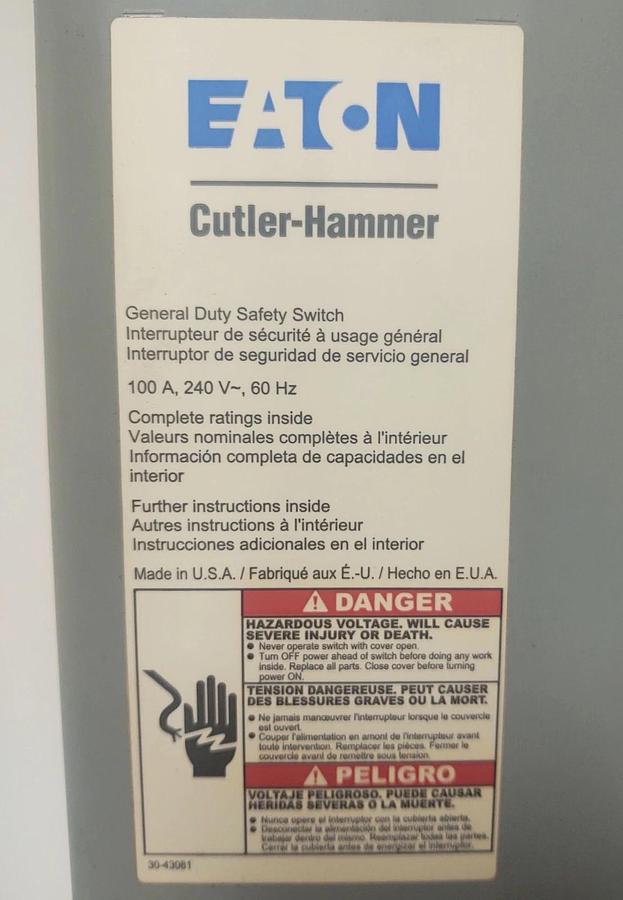 Used 🔥EATON CUTLER HAMMER 100A FUSED SAFETY SWITCH DISCONNECT 240 VAC 30 HP DG323NGB
