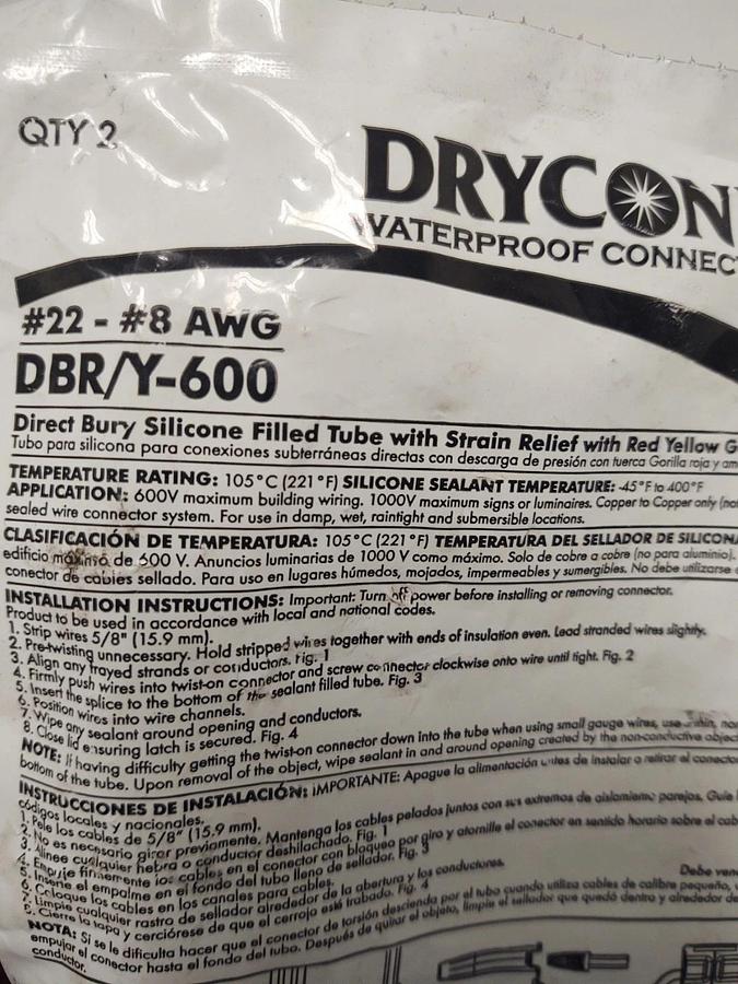 🔥(QTY 2) Dryconn - DBR/Y-600 Direct Bury Silicone Tube - Each Bag Has 2
