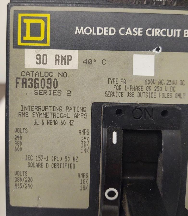 Used 🔥Square D FA36090 3 Pole 90 Amp 600 Vac I-Line Circuit Breaker